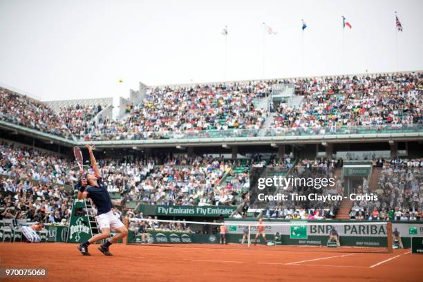 June 5. French Open Tennis Tournament - Day Ten. Dominic Thiem of Austria in action against Alexander Zverev of Germany on Court Philippe-Chatrier in...