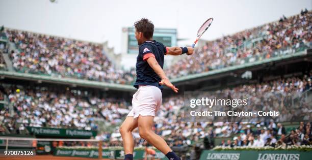 June 5. French Open Tennis Tournament - Day Ten. Dominic Thiem of Austria in action against Alexander Zverev of Germany on Court Philippe-Chatrier in...