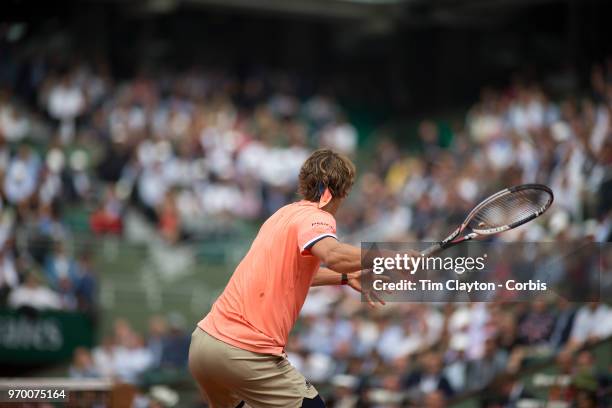 June 5. French Open Tennis Tournament - Day Ten. Alexander Zverev of Germany in action against Dominic Thiem of Austria on Court Philippe-Chatrier in...