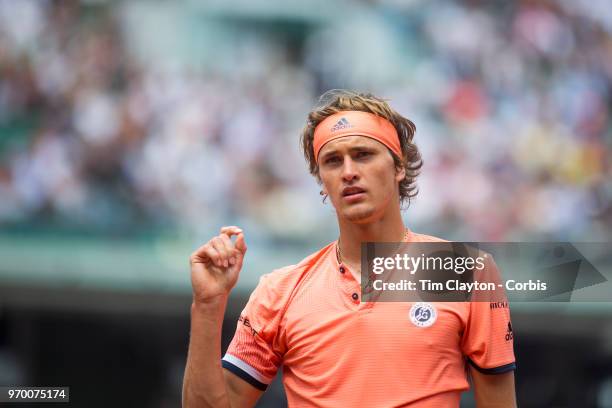 June 5. French Open Tennis Tournament - Day Ten. Alexander Zverev of Germany during his match against Dominic Thiem of Austria on Court...