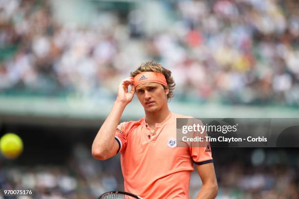 June 5. French Open Tennis Tournament - Day Ten. Alexander Zverev of Germany during his match against Dominic Thiem of Austria on Court...