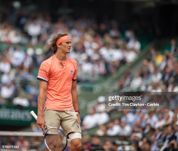 June 5. French Open Tennis Tournament - Day Ten. Alexander Zverev of Germany during his match against Dominic Thiem of Austria on Court...