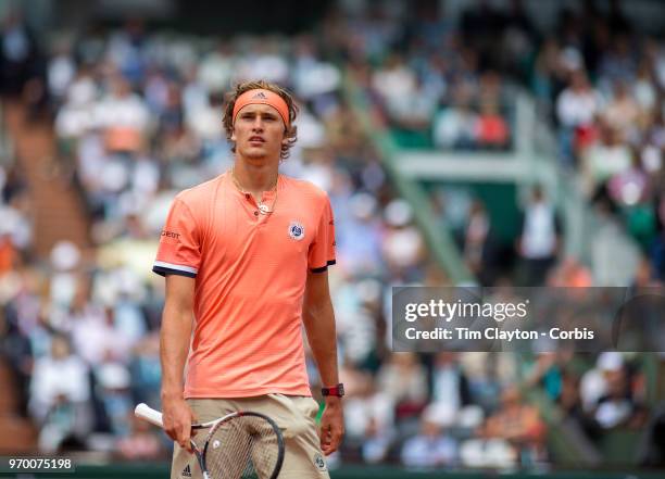 June 5. French Open Tennis Tournament - Day Ten. Alexander Zverev of Germany during his match against Dominic Thiem of Austria on Court...