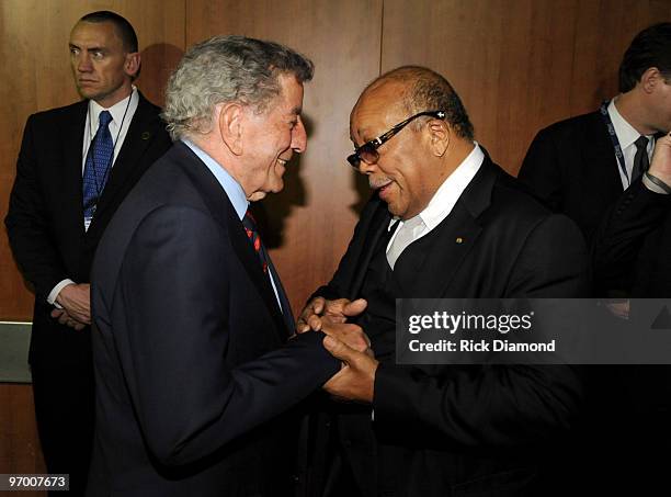 Singer Tony Bennett and Producer Quincy Jones attend the 52nd Annual GRAMMY Awards held at Staples Center on January 31, 2010 in Los Angeles,...