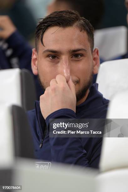 Gianluigi Donnarumma of Italy looks during the International Friendly match between Italy and Netherlands at Allianz Stadium on June 4, 2018 in...