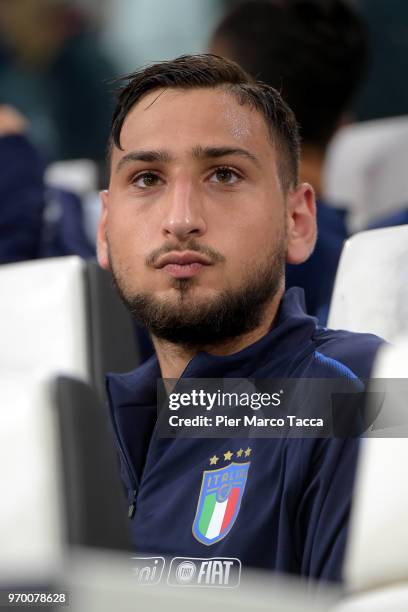 Gianluigi Donnarumma of Italy looks during the International Friendly match between Italy and Netherlands at Allianz Stadium on June 4, 2018 in...