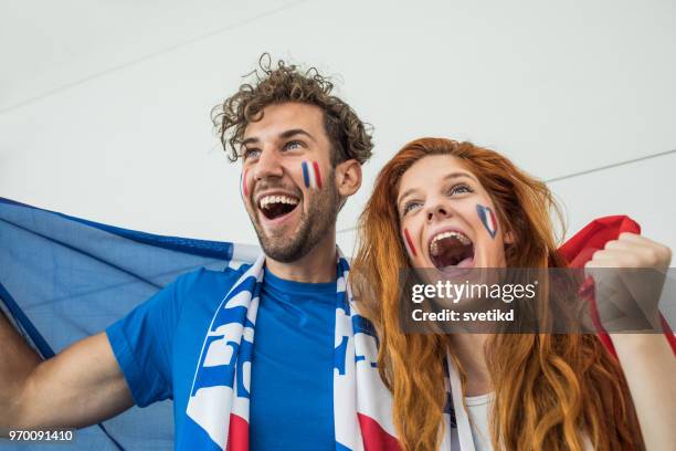 soccer fans cheering for national teams at the game - france supporter stock pictures, royalty-free photos & images