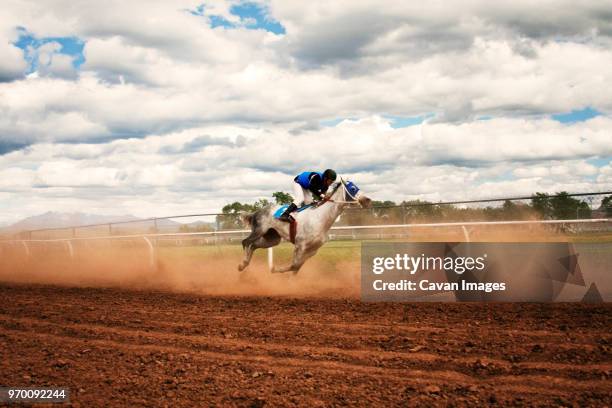 side view of jockey riding horse at competition - 騎手 ストックフォトと画像