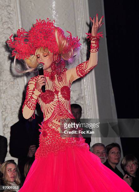 Arielle Dombasle performs during the Paris 2010 Jean-Paul Gaultier show at Jean Paul Gaultier Atelier on January 27, 2010 in Paris, France.