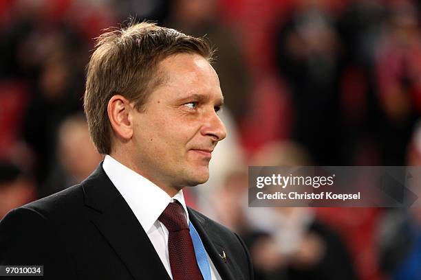 Manager Horst Heldt is seen before the UEFA Champions League round of sixteen, first leg match between VfB Stuttgart and FC Barcelona at...