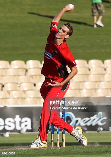 Peter George of the Redbacks bowls during the Ford Ranger Cup match between the South Australian Redbacks and the New South Wales Blues at Adelaide...