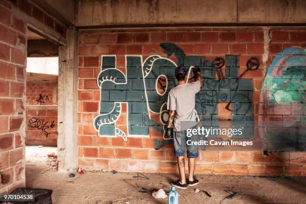 rear view of man spraying graffiti on brick wall - sprayer graffiti stock-fotos und bilder