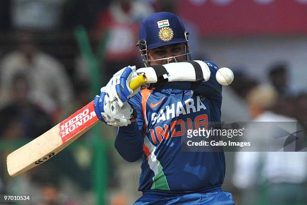 Virender Sehwag of India bats in his innings of 9 runs during the 2nd ODI between India and South Africa from Captain Roop Singh Stadium on February...