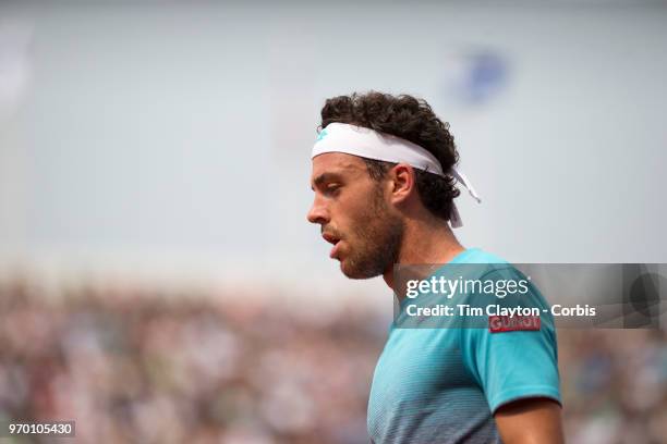 June 5. French Open Tennis Tournament - Day Ten. Marco Cecchinato of Italy in action against Novak Djokovic of Serbia on Court Suzanne Lenglen in the...