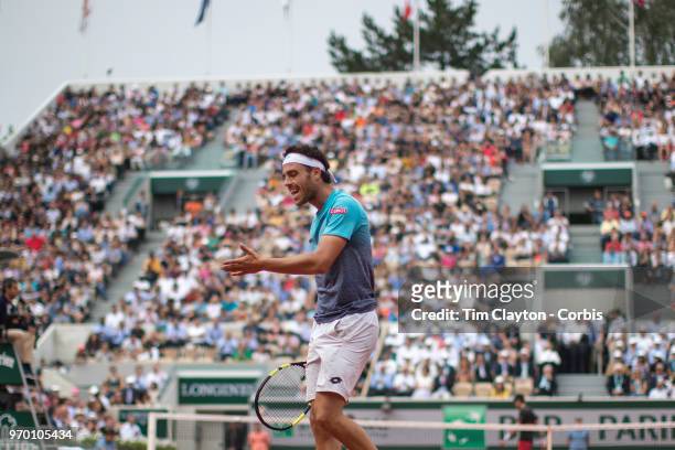 June 5. French Open Tennis Tournament - Day Ten. Marco Cecchinato of Italy in action against Novak Djokovic of Serbia on Court Suzanne Lenglen in the...