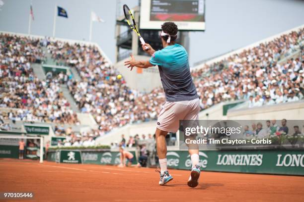 June 5. French Open Tennis Tournament - Day Ten. Marco Cecchinato of Italy in action against Novak Djokovic of Serbia on Court Suzanne Lenglen in the...