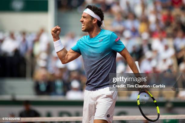 June 5. French Open Tennis Tournament - Day Ten. Marco Cecchinato of Italy in action against Novak Djokovic of Serbia on Court Suzanne Lenglen in the...