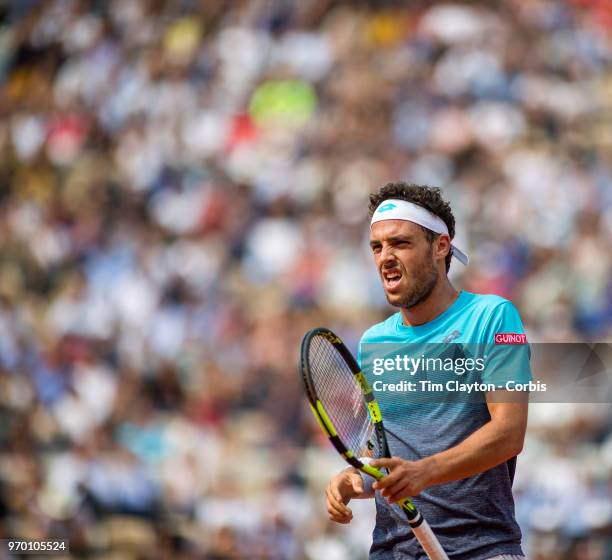 June 5. French Open Tennis Tournament - Day Ten. Marco Cecchinato of Italy in action against Novak Djokovic of Serbia on Court Suzanne Lenglen in the...