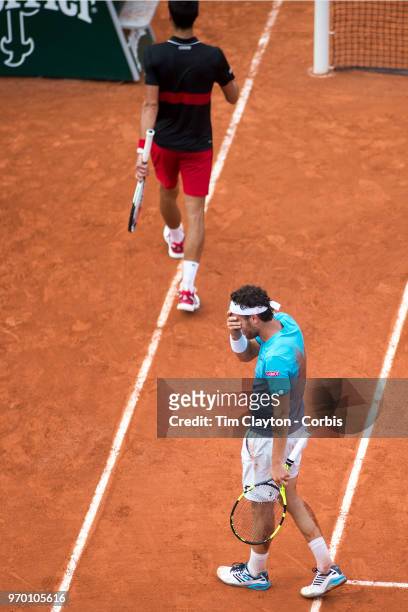 June 5. French Open Tennis Tournament - Day Ten. An emotional Marco Cecchinato of Italy after his victory against Novak Djokovic of Serbia on Court...