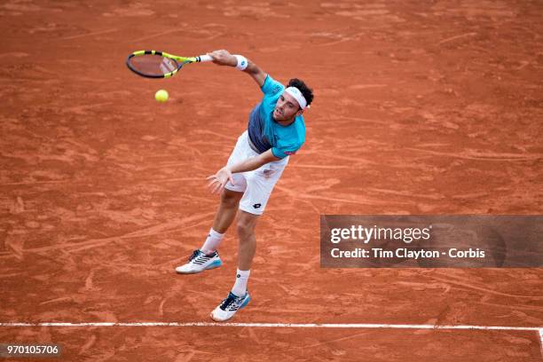 June 5. French Open Tennis Tournament - Day Ten. Marco Cecchinato of Italy in action against Novak Djokovic of Serbia on Court Suzanne Lenglen in the...