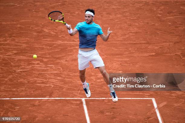 June 5. French Open Tennis Tournament - Day Ten. Marco Cecchinato of Italy in action against Novak Djokovic of Serbia on Court Suzanne Lenglen in the...