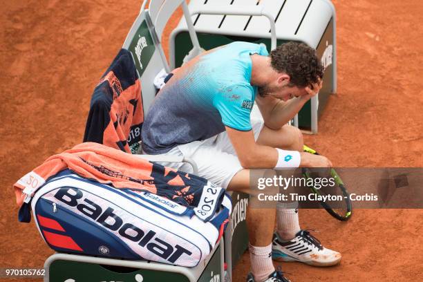 June 5. French Open Tennis Tournament - Day Ten. An emotional Marco Cecchinato of Italy after his victory against Novak Djokovic of Serbia on Court...