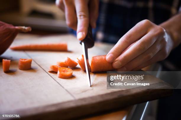 close-up of woman chopping carrot on cutting board - coupant photos et images de collection