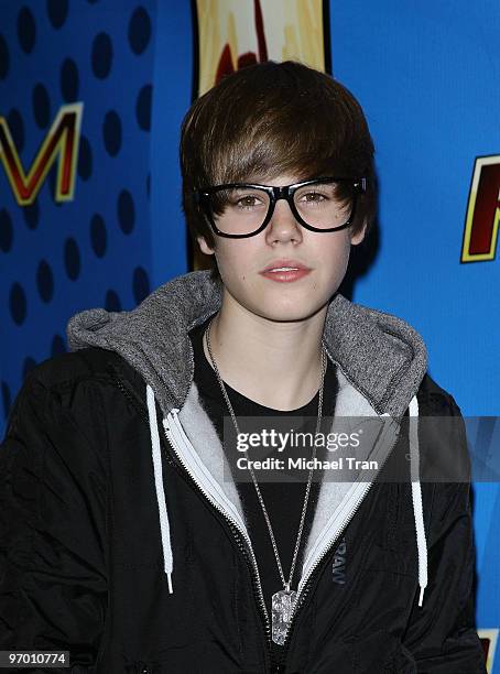 Musician Justin Bieber poses backstage at Nokia Plaza L.A. LIVE on February 13, 2010 in Los Angeles, California.