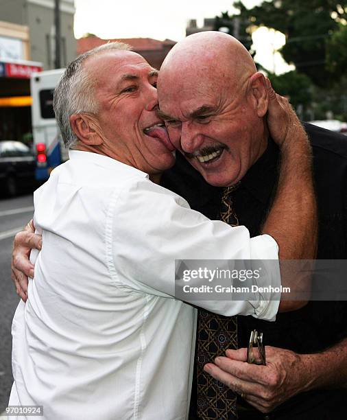 Actor Steve Bisley who played the character Jim Goose in Mad Max, and Roger Ward who played Fifi in the movie arrive for the official opening of the...