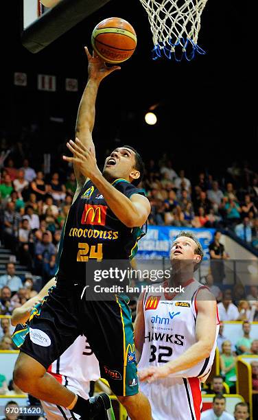 Michael Cedar of the Crocodiles makes a layup during game two of the NBL semi final series between the Townsville Crocodiles and the Wollongong Hawks...