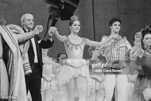 English ballerina Darcey Bussell takes a curtain call on the first night of The Royal Ballet’s production of 'The Prince of the Pagodas', at the...