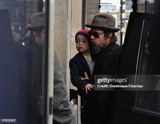 Brad Pitt and Shiloh Nouvel go shopping at Bonpoint shop in Paris on February 23, 2010 in Paris, France.