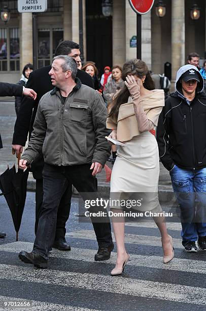 Actress Angelina Jolie films on location for "The Tourist" at Place Colette on February 23, 2010 in Paris, France.