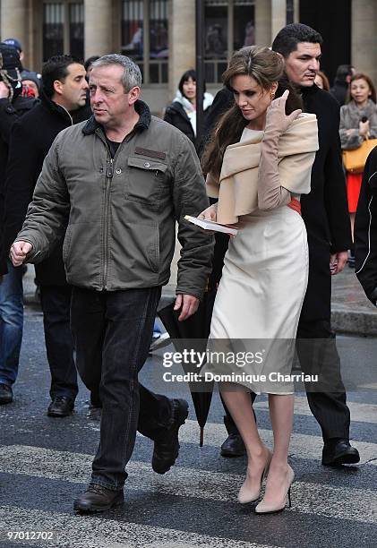 Actress Angelina Jolie films on location for "The Tourist" at Place Colette on February 23, 2010 in Paris, France.