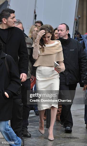 Actress Angelina Jolie films on location for "The Tourist" at Place Colette on February 23, 2010 in Paris, France.