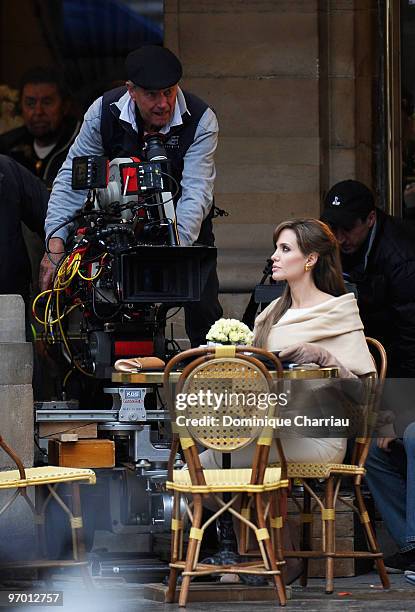 Actress Angelina Jolie films on location for "The Tourist" at Place Colette on February 23, 2010 in Paris, France.