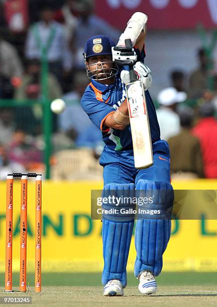 Sachin Tendulkar of India in action during the 2nd ODI between India and South Africa at Captain Roop Singh Stadium on February 24, 2010 in Gwalior,...