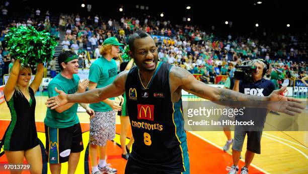Corey Williams of the Crocodiles acknowledges the crowd after winning game two of the NBL semi final series between the Townsville Crocodiles and the...