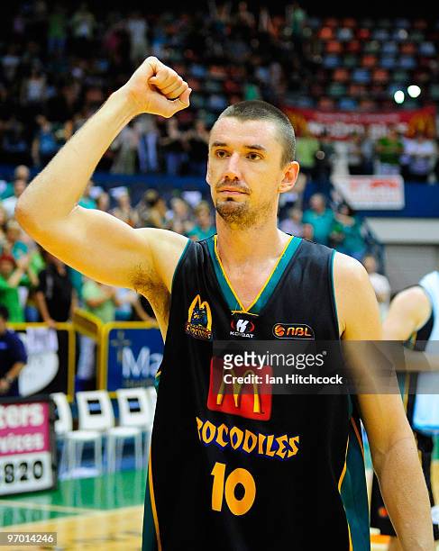 Russell Hinder of the Crocodiles acknowledges the crowd after winning game two of the NBL semi final series between the Townsville Crocodiles and the...