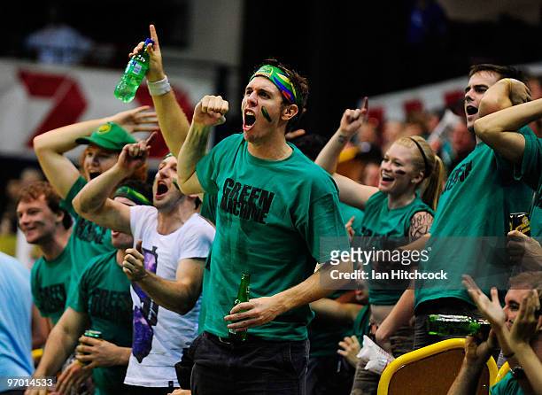 Crocodile supporters show their support during game two of the NBL semi final series between the Townsville Crocodiles and the Wollongong Hawks at...
