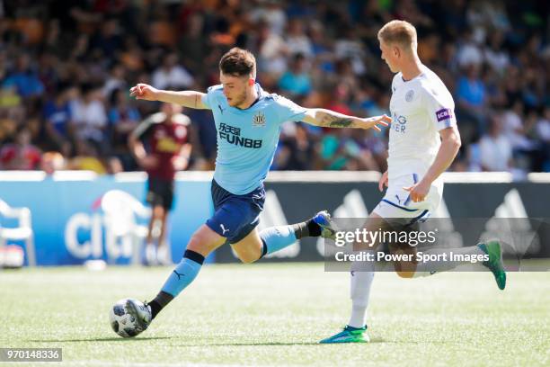 Luke Charman of Newcastle United fights for the ball with Joshua Knight of Leicester City during the Main Cup Semi-Final 1 match between Newcastle...