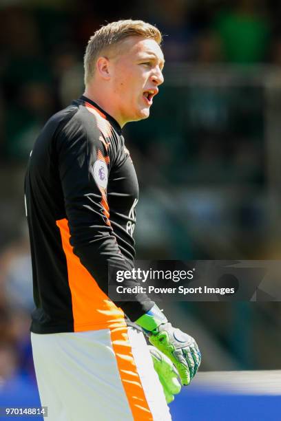 Daniel Iversen goalkeeper of Leicester City reacts during the Main Cup Semi-Final 1 match between Newcastle United and Leicester City, part of the...