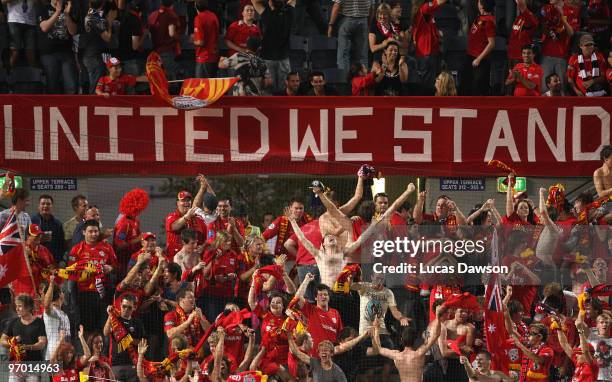 Adelaide United fans celebrate there win after the AFC Champions League match between Adelaide United and Pohang Steelers at Hindmarsh Stadium on...
