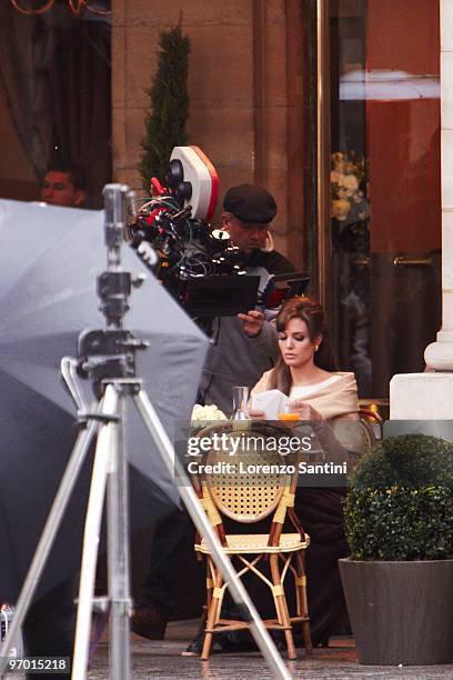 Actress Angelina Jolie films on location for "The Tourist" at Place Colette on February 24, 2010 in Paris, France.