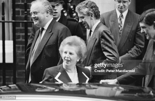 British Prime Minister Margaret Thatcher leaves 10 Downing Street, London, 27th November 1990. Having officially resigned from office on 22nd...