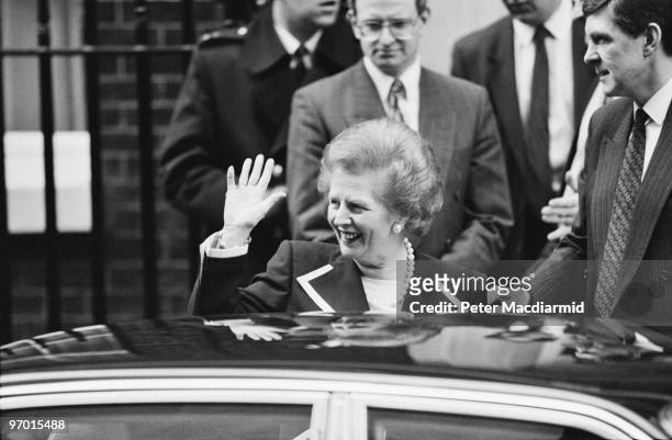 British Prime Minister Margaret Thatcher leaves 10 Downing Street, London, 27th November 1990. Having officially resigned from office on 22nd...