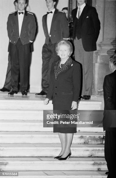 British Prime Minister Margaret Thatcher on the steps of the British Embassy in Paris, 20th November 1990. Interviewed as she left, Thatcher...