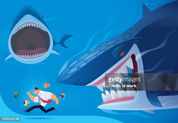 ilustraciones, imágenes clip art, dibujos animados e iconos de stock de hombre de negocios perseguido después por tiburones enojados vía gafas vr - angelfish
