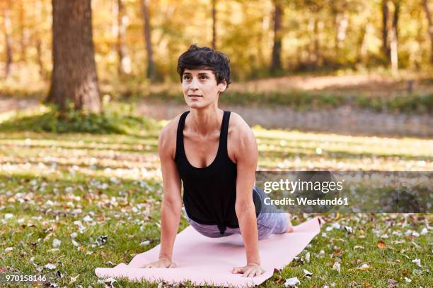 mid adult woman in forest practicing yoga, cobra pose - forest cobra stock pictures, royalty-free photos & images