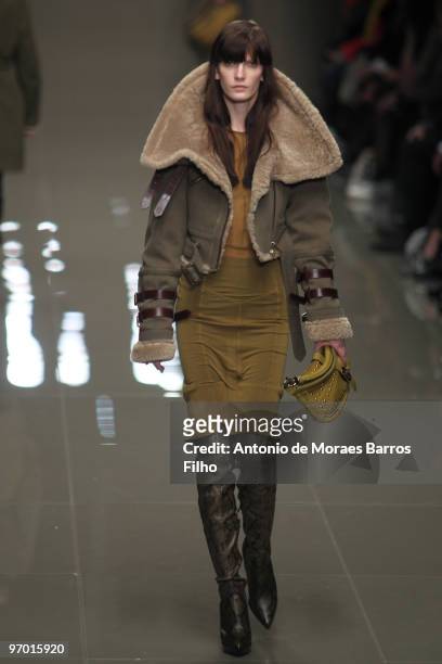 Model walks the runway at the Burberry Prorsum show for London Fashion Week Autumn/Winter 2010 at on February 23, 2010 in London, England.